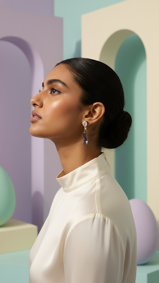 Violet Sunburst AD Earrings – Silver Finish Teardrop Chandelier Dangles