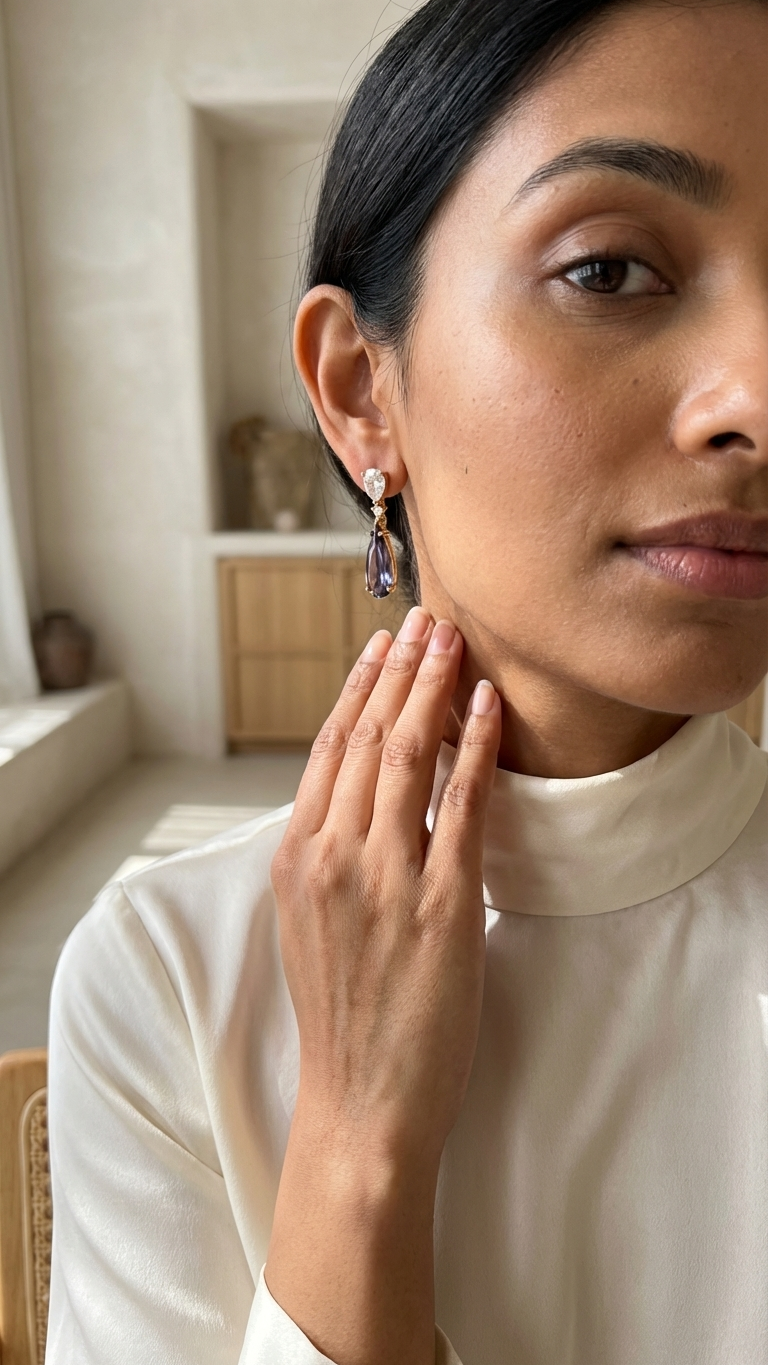 Violet Sunburst AD Earrings – Silver Finish Teardrop Chandelier Dangles