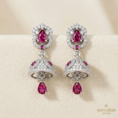 Ruby Pink Teardrop Jhumkas – Silver-Plated American Diamond Ethnic Earrings