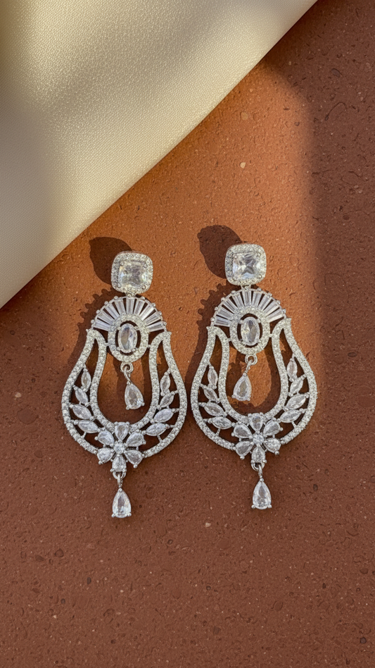 Marquise Cut Floral AD Earrings – Premium Silver Polish