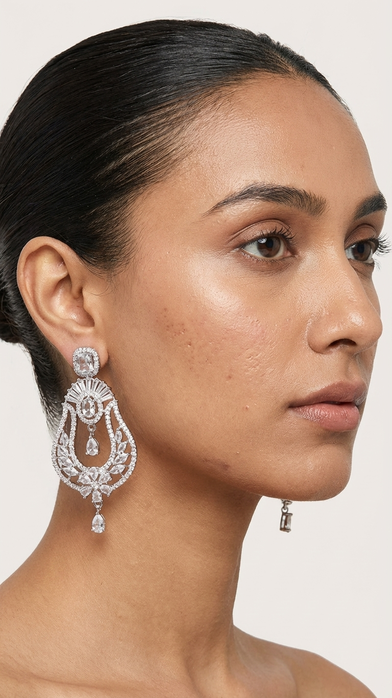 Marquise Cut Floral AD Earrings – Premium Silver Polish