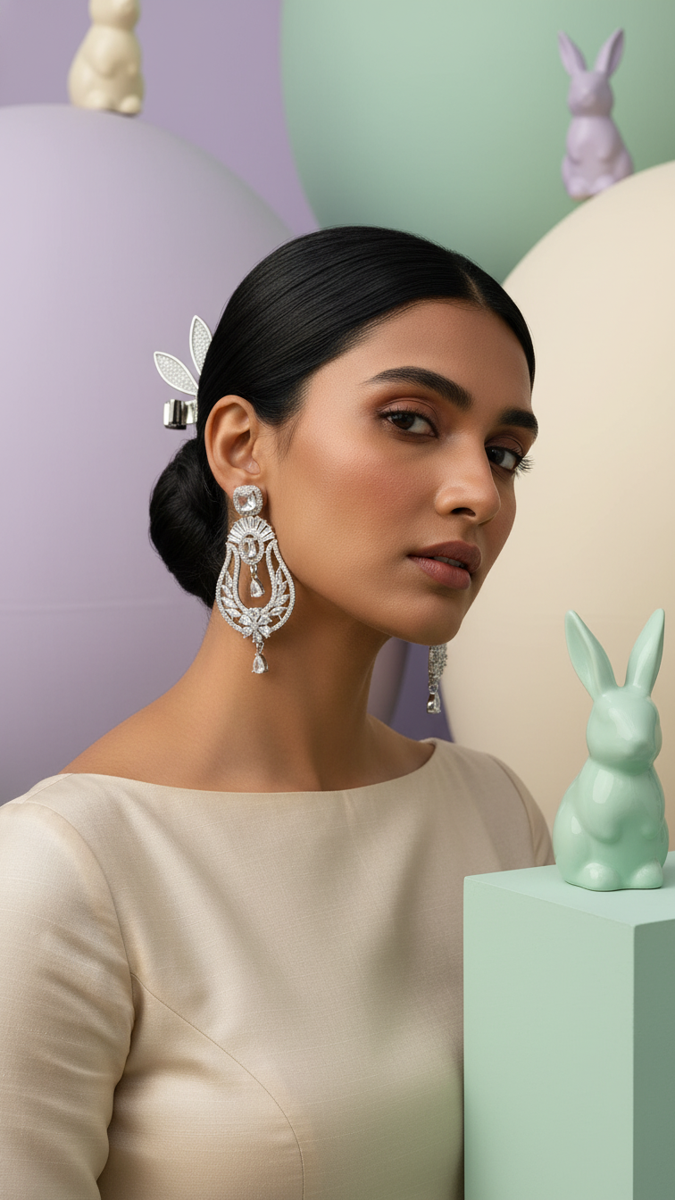 Marquise Cut Floral AD Earrings – Premium Silver Polish