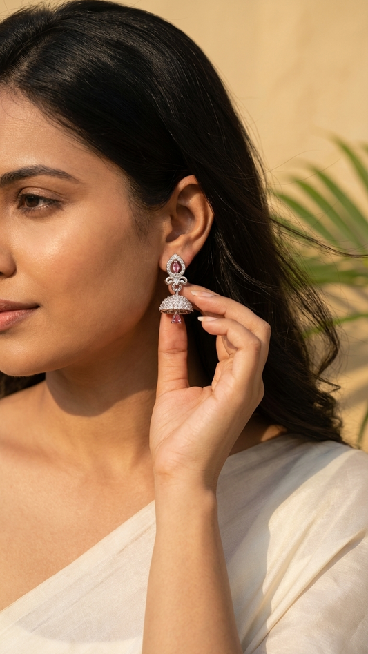 Silver Drop AD Jhumka Earrings – Silver Finish Minimal Dome Earrings