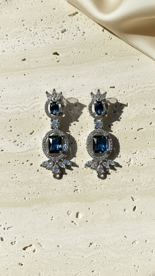 Navy Blue Stone Drop Earrings with American Diamond Halo