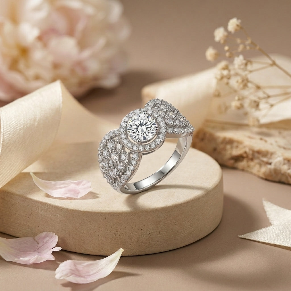 Sparkling Floral AD Adjustable Ring in Silver Finish