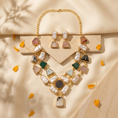 Multicolor Stone & Pearl Statement Necklace Set with Matching Earrings for Women