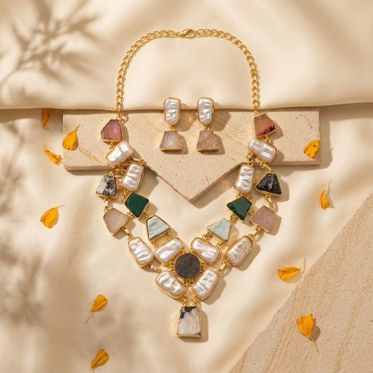 Multicolor Stone & Pearl Statement Necklace Set with Matching Earrings for Women