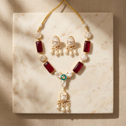 Ruby Stone & Pearl Necklace Set with Matching Earrings