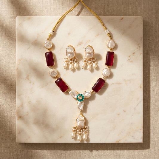 Ruby Stone & Pearl Necklace Set with Matching Earrings