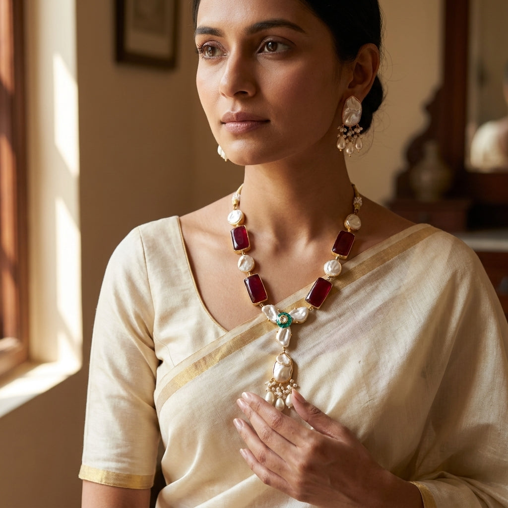 Ruby Stone & Pearl Necklace Set with Matching Earrings