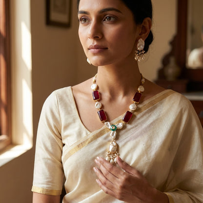 Ruby Stone & Pearl Necklace Set with Matching Earrings