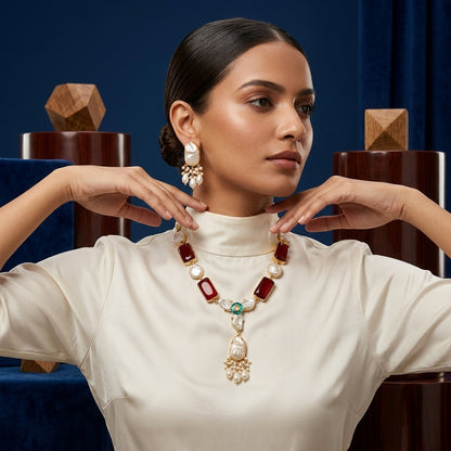 Ruby Stone & Pearl Necklace Set with Matching Earrings