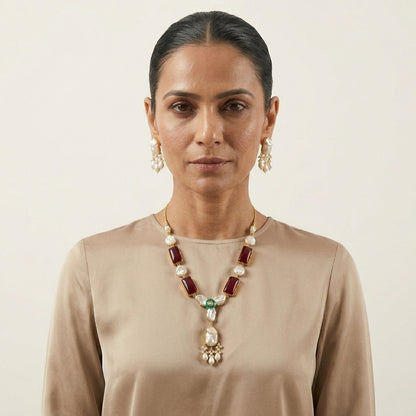 Ruby Stone & Pearl Necklace Set with Matching Earrings