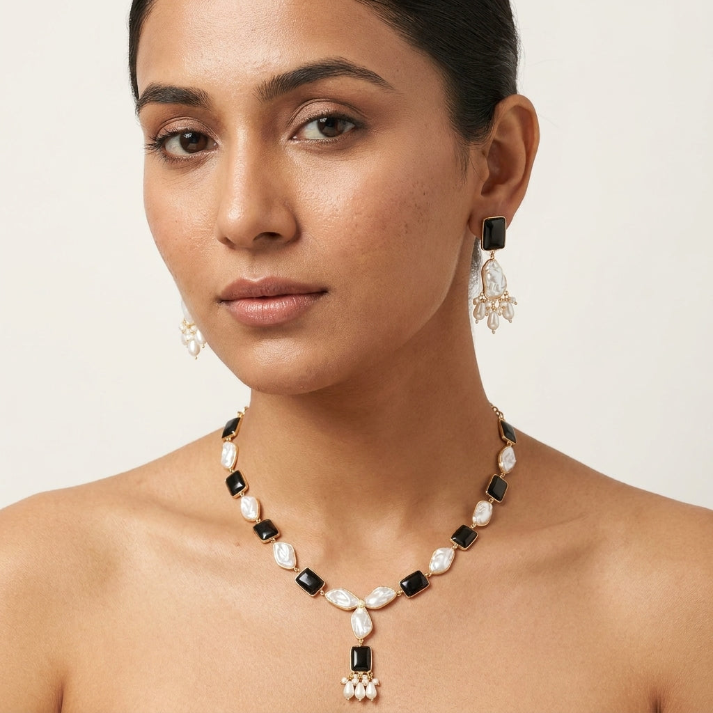 Black Stone & Pearl Necklace Set with Matching Earrings for Women