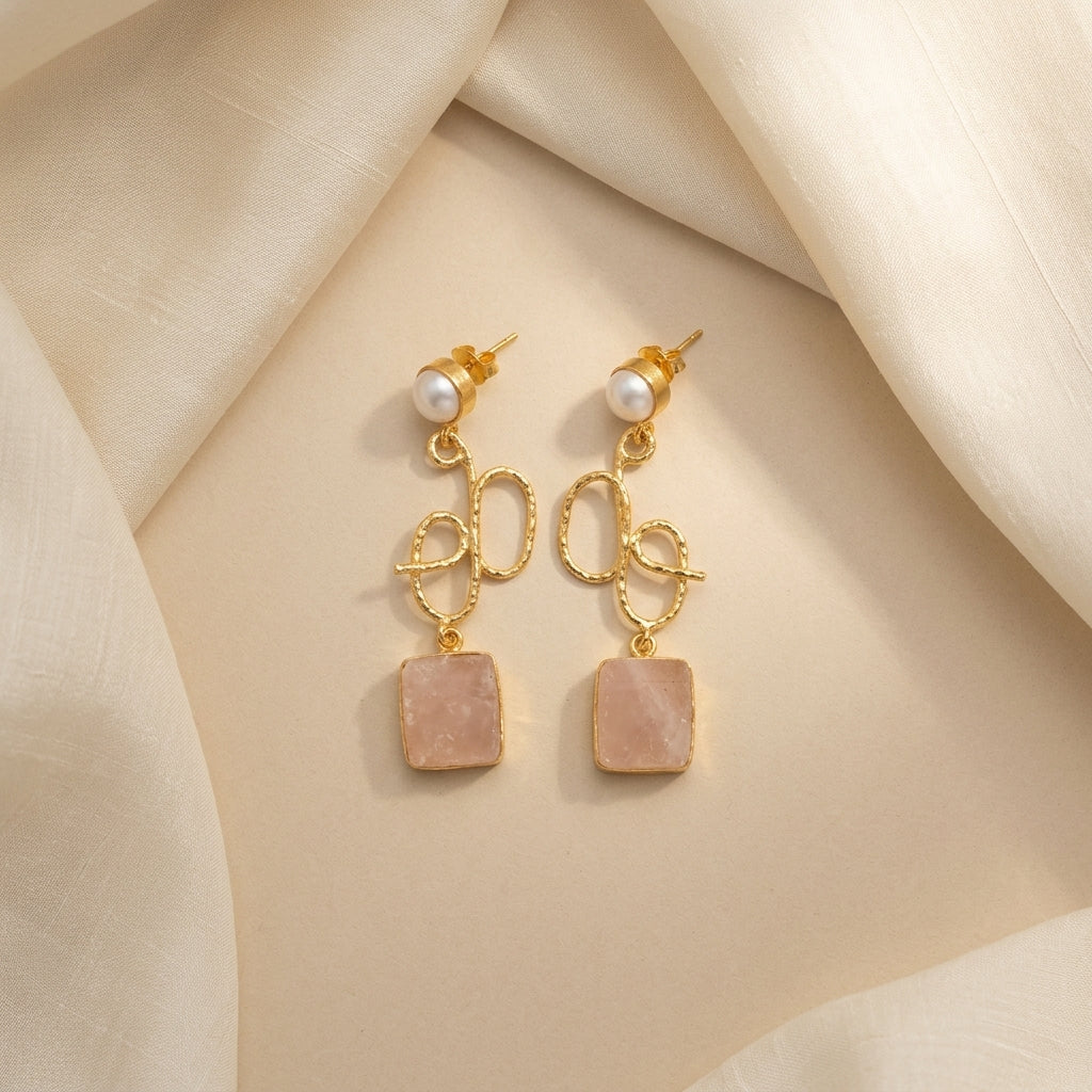Pink Stone Statement Drop Earrings for Women | Gold Tone Pearl Earrings