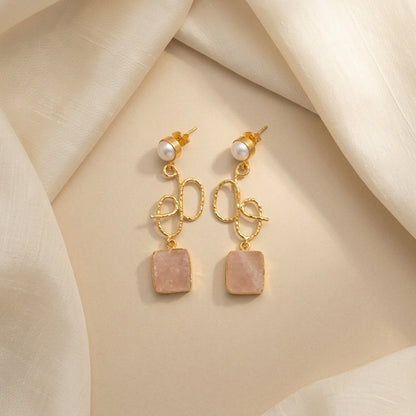 Pink Stone Statement Drop Earrings for Women | Gold Tone Pearl Earrings