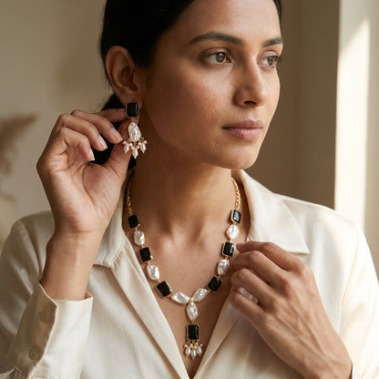 Black Stone & Pearl Necklace Set with Matching Earrings for Women
