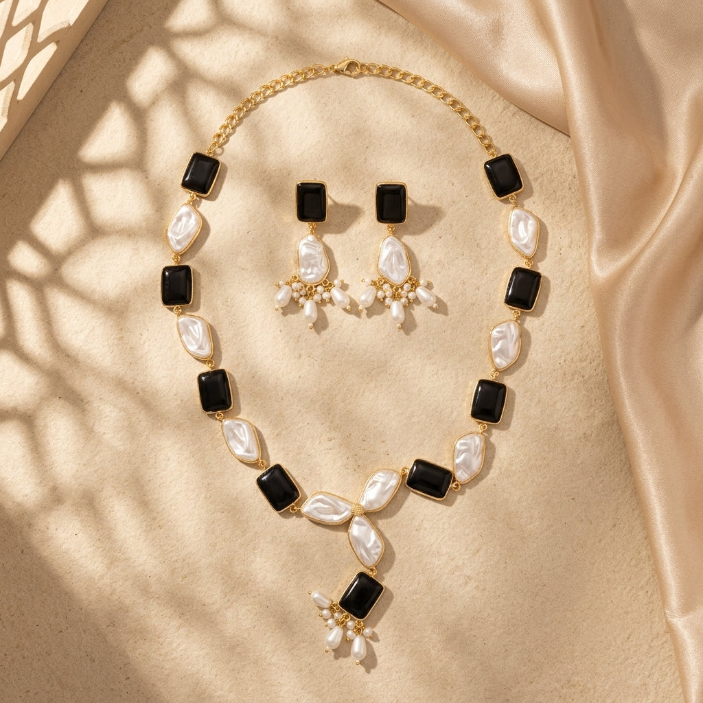Black Stone & Pearl Necklace Set with Matching Earrings for Women