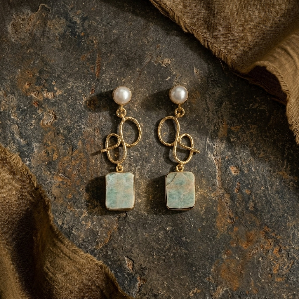 Mint Green Stone Statement Drop Earrings for Women | Gold Tone Pearl Earrings