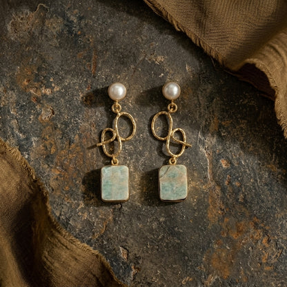 Mint Green Stone Statement Drop Earrings for Women | Gold Tone Pearl Earrings