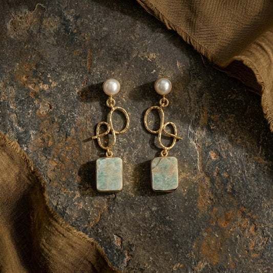 Mint Green Stone Statement Drop Earrings for Women | Gold Tone Pearl Earrings