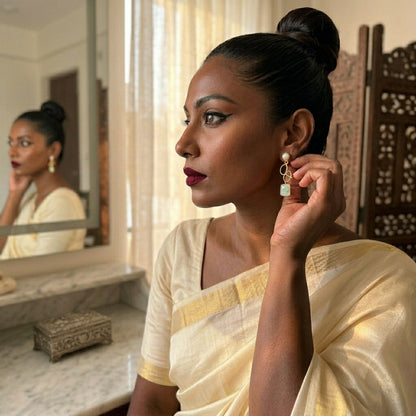 Mint Green Stone Statement Drop Earrings for Women | Gold Tone Pearl Earrings