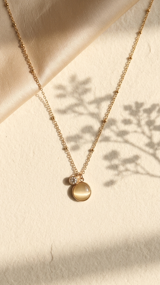 Minimalist Gold Tone Double Charm Necklace with Crystal & Gemstone