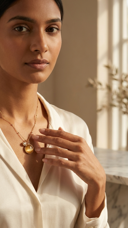 Minimalist Gold Tone Double Charm Necklace with Crystal & Gemstone