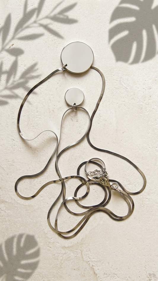 Dual Silver Tone Herringbone Chain &amp; Coin Pendant Necklace