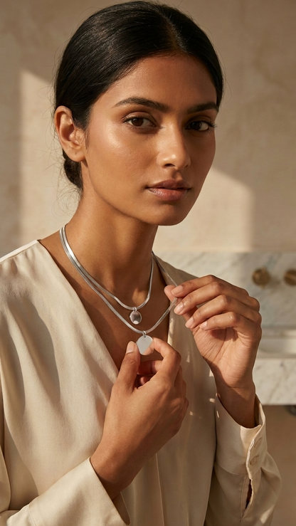 Dual Silver Tone Herringbone Chain &amp; Coin Pendant Necklace