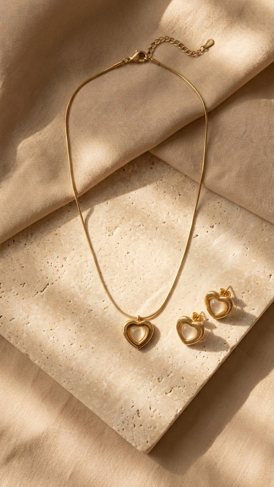 Romantic Heart Charm Necklace & Earring Set