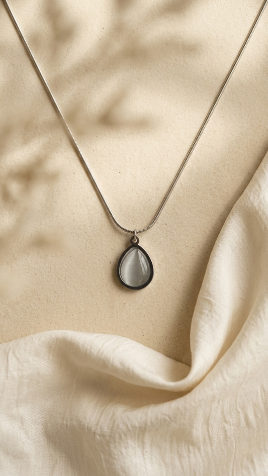 Minimalist Silver Tone Necklace with Iridescent Teardrop Pendant
