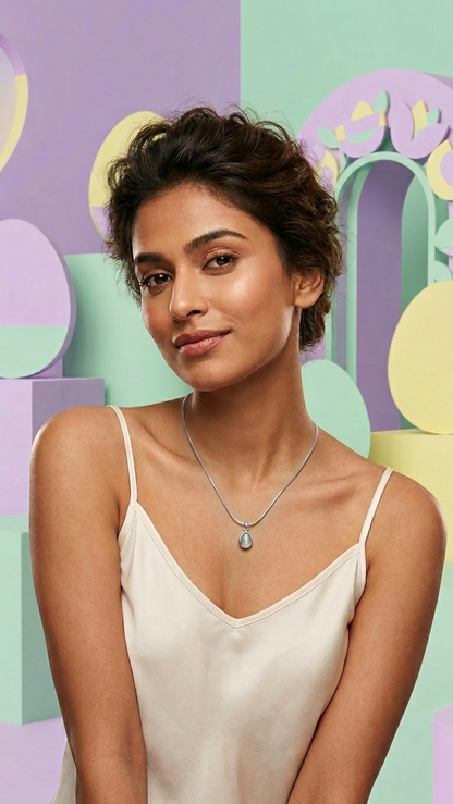 Minimalist Silver Tone Necklace with Iridescent Teardrop Pendant