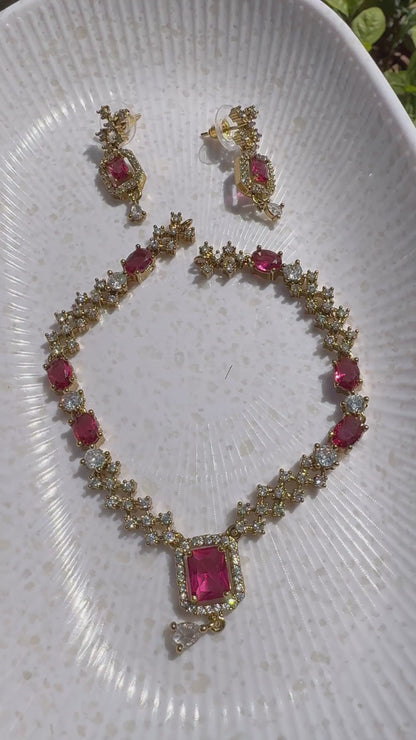 Ruby Red & Silver Geometric AD Necklace Set
