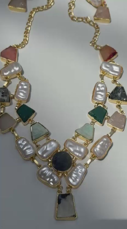 Multicolor Stone & Pearl Statement Necklace Set with Matching Earrings for Women