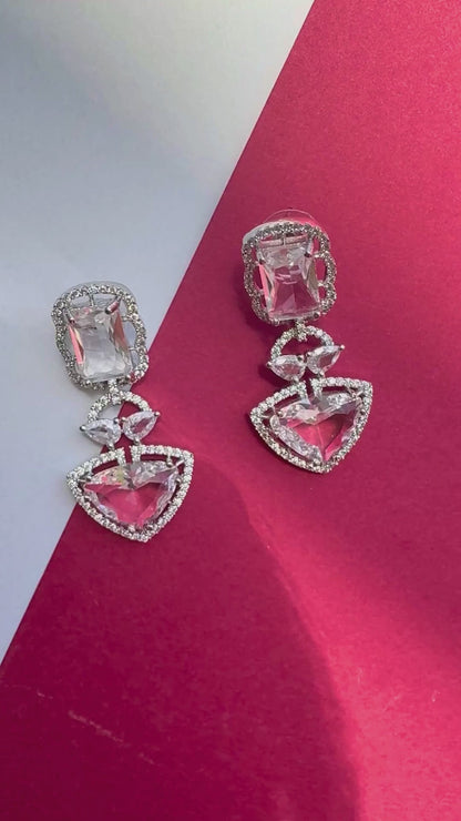 Crystal Cascading Drops – Geometric Silver-Toned American Diamond Statement Earrings