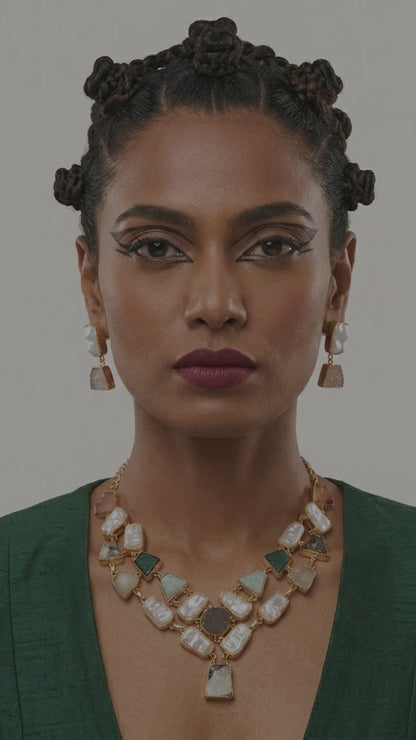 Multicolor Stone & Pearl Statement Necklace Set with Matching Earrings for Women