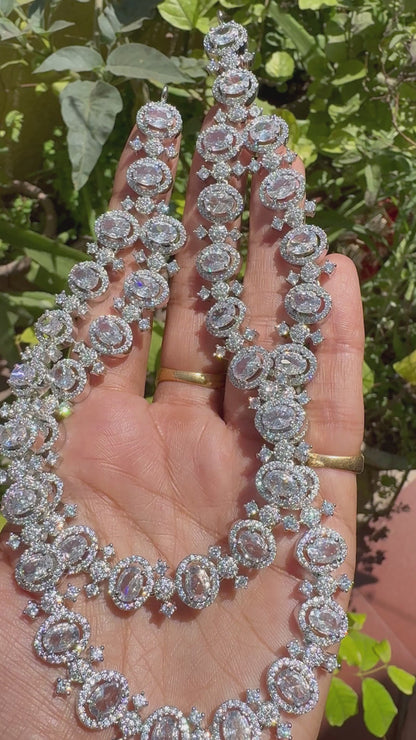 Luxe Oval Double-Layered AD Necklace Set - High-Shine Silver Finish