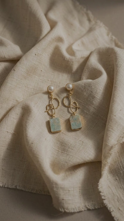 Mint Green Stone Statement Drop Earrings for Women | Gold Tone Pearl Earrings