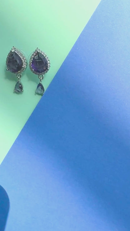 Royal Purple Teardrop Drops – Silver-Toned American Diamond Halo Earrings