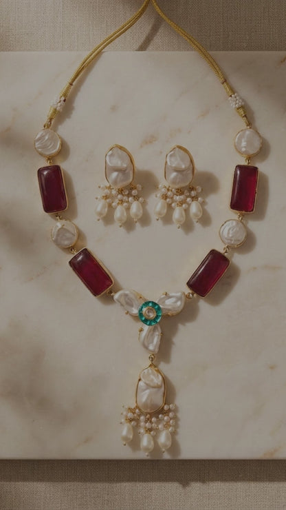 Ruby Stone & Pearl Necklace Set with Matching Earrings