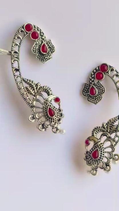 Antique Silver Oxidized Crescent Earcuff Earring with  Red Stones