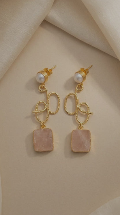 Pink Stone Statement Drop Earrings for Women | Gold Tone Pearl Earrings