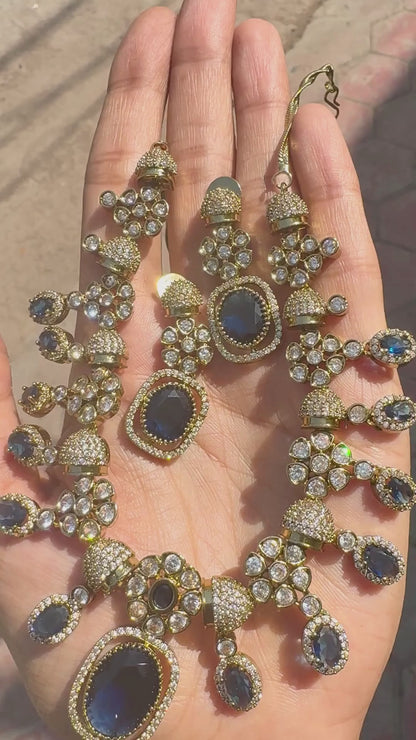 Royal Azure Globe AD Necklace Set - Antique Gold & Sapphire Blue Finish