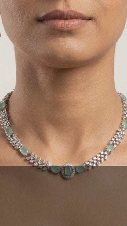 Mint Serenity Marquise Petal AD Necklace Set - Silver Polish