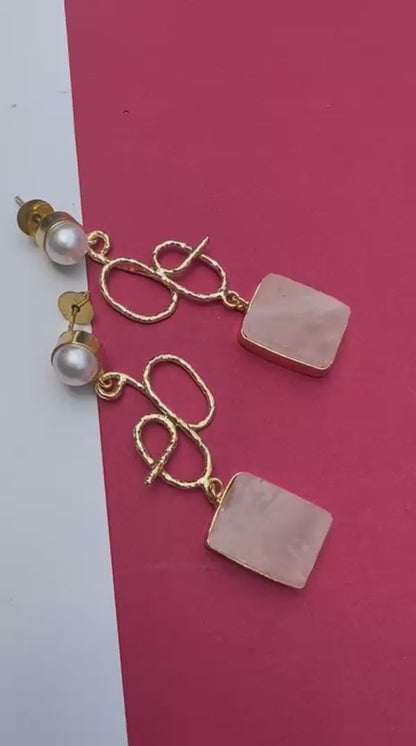 Pink Stone Statement Drop Earrings for Women | Gold Tone Pearl Earrings