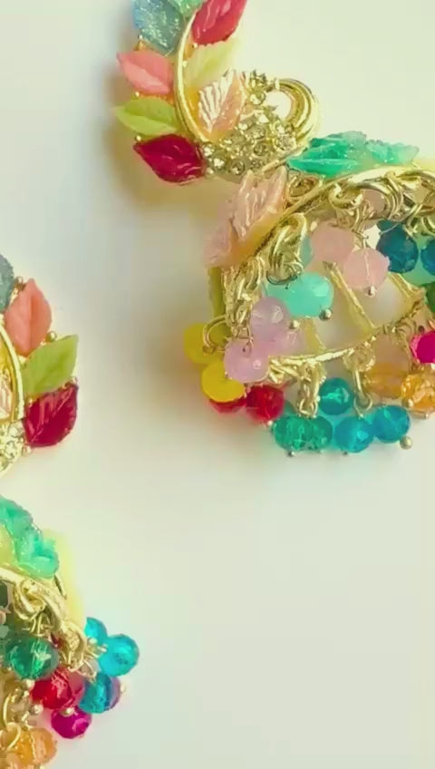 Multicolor Leaf Design Earrings with Beaded Drops