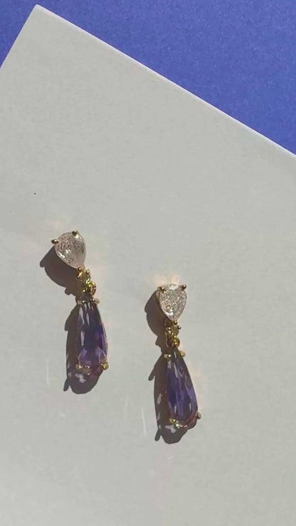 Violet Sunburst AD Earrings – Silver Finish Teardrop Chandelier Dangles
