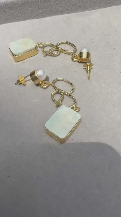 Mint Green Stone Statement Drop Earrings for Women | Gold Tone Pearl Earrings