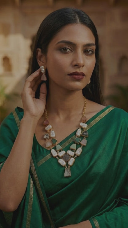 Multicolor Stone & Pearl Statement Necklace Set with Matching Earrings for Women